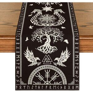 Black Viking Tree Of Life Table Runner 72" - Raven Helm Of Awe Nordic - New